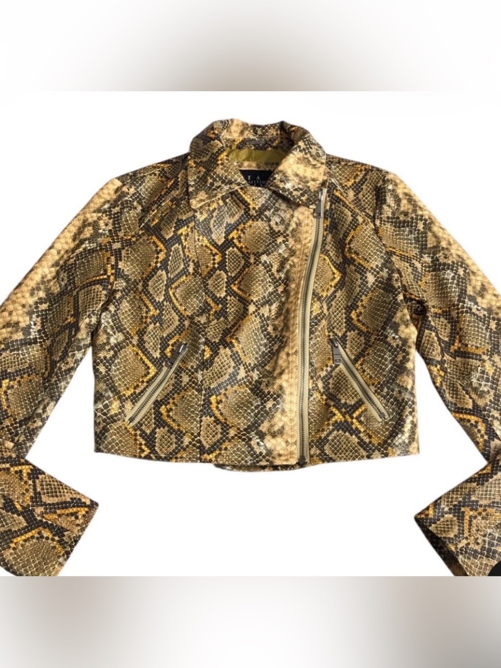LA Coalition Yellow Snake-Print Faux Leather Jacket Cropped Moto Jacket (L)
